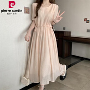 皮爾卡丹（pierrecardin）氣質(zhì)感百褶連衣裙女夏季大碼寬松休閑系帶收腰遮肚歐貨長(zhǎng)裙子 粉色連衣裙[歐洲站別致連衣裙/洋 M [85-100斤]