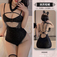 性感豹紋挖空流蘇連衣裙情趣純欲內衣夜店主播衣服qqny睡衣女 豹紋流蘇連衣裙T褲 均碼建議80-120斤保密發(fā)貨