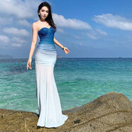 微光里法式藍色網(wǎng)紗漸變抹胸連衣裙女海邊度假收腰氣質(zhì)晚禮服魚(yú)尾長(cháng)裙子 漸變抹胸裙【藍色M】