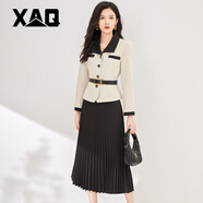 XAQ高端套裝女秋冬時(shí)尚名媛氣質(zhì)小香風(fēng)連衣裙時(shí)髦小外套配百褶半身裙 杏色 M