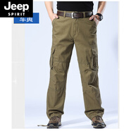 JEEP SPIRIT春秋厚款戶(hù)外休閑工裝褲男士登山多口袋大碼直筒寬松戰術(shù)長(cháng)褲 軍黃色 40