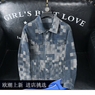OLOMM歐洲站夾克男士牛仔衣服秋冬新款潮牌復(fù)古水洗漸變格子修身外套男 黑色 M