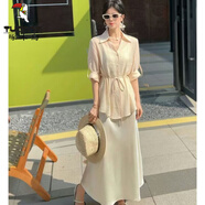 啄木鳥天絲綢緞連衣裙兩件裝女2025夏季新款遮肚顯瘦收腰襯衫吊帶連衣裙 米黃色套裝 M 建議95-115斤
