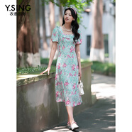 衣香麗影綠色碎花連衣裙女2025夏季新款減齡娃娃領(lǐng)法式木耳邊裙子 綠色花料 S