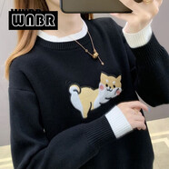 WNBR卡通針織衫女2024秋冬新款百搭加絨加厚寬松圓領(lǐng)保暖打底衫毛衣 黑色 [柴犬款] M [105斤以下]