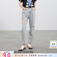 IBUDU2025夏季新款復(fù)古水洗破洞牛仔褲長(zhǎng)褲收腰直筒褲女 藍(lán)白 M