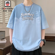 AEMAPE漸變色短袖t恤男夏季2025新款美式寬松半袖上衣潮牌圓領(lǐng)休閑體恤 8392淺藍 M 約85-110斤可穿