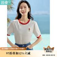 茵曼涼感撞色繡花女裝正肩短袖t恤2025夏季新品打底衫上衣 珍珠白 XL