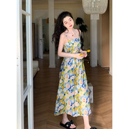 溥畔油畫(huà)碎花吊帶連衣裙女夏新款甜美高腰海邊度假風(fēng)抹胸裙子 圖片色 S