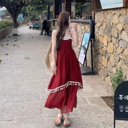 簡(jiǎn)豐姿吊帶連衣裙女紅色裙子夏季2025新款顯瘦度假風(fēng)海邊沙灘裙蕾絲長(cháng)裙 流蘇拼接吊帶連衣裙【紅色】 均碼