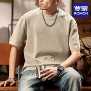 羅蒙重磅純棉短袖t恤男圓領(lǐng)衫精梳棉寬松大碼純色打底衫半袖體恤男 亞麻灰 XL （140-155斤