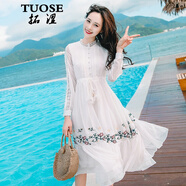 拓澀（TUOSE）白色雪紡連衣裙 香港潮牌夏季新品小清新仙女超仙甜美沙灘裙海邊度假連衣裙子 袖長(cháng)款 M
