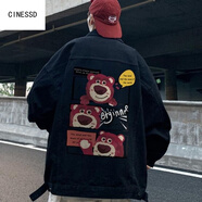 CINESSD加肥大碼斤歐美高街草莓熊牛仔外套男女痞帥翻領(lǐng)夾克春季M 黑色(下單即送運費險) M