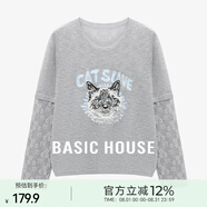 Basic House/百家好貓咪提花假兩件針織衫春季減齡蕾絲拼接上衣女 灰色 L