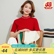 金菊含羊毛多色可選早春新款細坑條特價(jià)打底毛衣半高領(lǐng)短袖女式針織衫 紅色 L