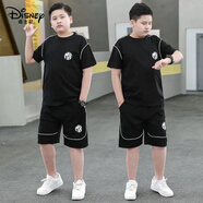 迪士尼（DISNEY）胖男童短袖套裝加肥加大夏季新款中大童寬松純棉T恤短褲兩件套潮8 黑色【M】短袖套裝 140 【50斤-70斤】