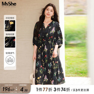 MsShe雪紡收腰碎花連衣裙大碼女裝2025夏裝胖mm巨顯瘦連衣裙子 【七分袖】雪紡連衣裙-黑色現貨 XL