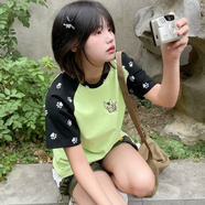 透明島嶼 原創(chuàng  ) 亞萌二次元 宅 幸運草小貓刺繡 貓爪拼接插肩短袖 黑綠貓爪插肩袖 S