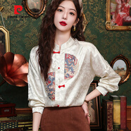 皮爾卡丹名族風(fēng)中式刺繡馬面襯衫女2025新款復(fù)古國風(fēng)盤扣立領(lǐng)提花長袖襯衣 白色 新中式緞面襯衣 S 90-100斤
