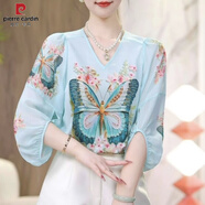 皮爾卡丹（PIERRE CARDIN）2025中國(guó)風(fēng)定位印花套頭寬松七分袖輕薄雪紡衫女V領(lǐng)燈籠袖潮上衣 v領(lǐng)冰藍(lán)蝴蝶 【原版定位花】 M 建議95-105斤