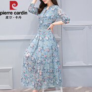 皮爾卡丹（pierre cardin）藍(lán)色雪紡碎花長袖連衣裙2025新款女早春秋款品牌媽媽秋季裙子 藍(lán)色 M 104斤以下
