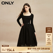 ONLY時尚復古U領高腰長袖中長款連衣裙女|123107041 E39 黑美人 M (165) 84A