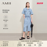 AMII2025夏新款套頭半開襟短袖配腰帶前開衩長款牛仔棉連衣裙女 牛仔藍(lán) 170/92A/XL