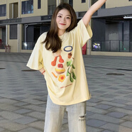 野原琳美式夏季上衣女設(shè)計感小眾oversize港味復(fù)古純棉短袖T恤女ins風(fēng) 杏色搞笑青蛙 2XL