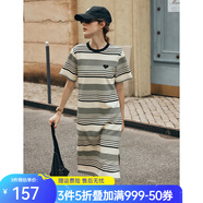 Olrain歐芮兒法式條紋短袖連衣裙女夏季新款寬松撞色開(kāi)叉通勤T恤裙子 黑白條紋 M