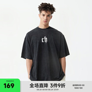 CHINISM  CH赤塵美式?jīng)龈兴俑啥绦鋞恤男士夏季潮流寬松休閑五分袖上衣 黑色 （基礎款） S