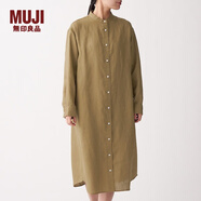 無印良品 MUJI 女式 法國亞麻水洗 立領(lǐng)連衣裙 BCL05C0S 深咖啡棕色 M