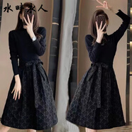 水畔衣人高檔黑色假兩件長(cháng)袖連衣裙女2025新款春秋冬氣質(zhì)裙子氣質(zhì)蓬蓬短裙 黑色 XL 建議110-125斤