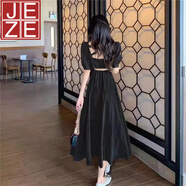 JEZE法式桔梗初戀甜美小個(gè)子泡泡袖露背百搭2025新款連衣裙女夏裝 黑色(長(cháng)款) 2XL 【131-145斤】