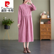 皮爾卡丹（pierre cardin）春秋新款文藝覆古盤扣立領(lǐng)寬松休閑氣質(zhì)百搭燈芯絨洋裝束腰大尺碼 粉色 L