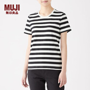 無印良品 MUJI 女式 印度棉天竺編織 圓領(lǐng)短袖T恤 白色X橫條 M