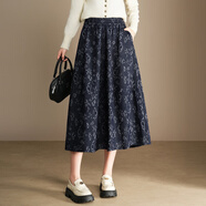 AX輕奢2026時(shí)尚花色燈籠裙半身裙女秋冬款新款字裙蓬蓬裙中長(cháng)款花苞 深藍色 均碼