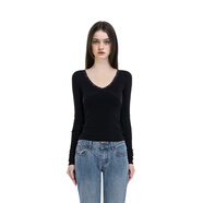 BM上衣女2026新款秋冬修身高腰短款V領(lǐng)蕾絲邊白色內搭外穿長(cháng)袖T恤 黑色 均碼