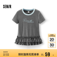 森馬（Semir）短袖T恤女印花撞色修身小眾2025夏季甜美荷葉邊上衣107425100098