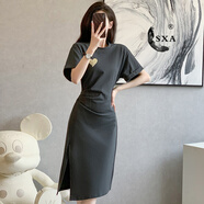 SXA香港潮牌棉質(zhì)短袖連衣裙女2025新款夏女裝高端氣質(zhì)小眾修身開叉裙 深灰色 S