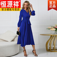 恒源祥新品歐美新款女裝優(yōu)雅泡泡燈籠袖V領(lǐng)飄逸百褶連衣裙a字裙 藍(lán)色旗艦款 S