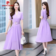 皮爾卡丹（pierre cardin）豎條紋雪紡連衣裙女2024新款夏季感法式v領(lǐng)氣質(zhì)收腰顯瘦長(zhǎng)裙 紫色 M