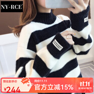 NY-RCE毛衣女2025冬季新款高品質(zhì)高領(lǐng)加厚寬松款秋冬短款潮流百搭針織衫 條紋黑白半高領(lǐng) (保暖) 加厚 均碼
