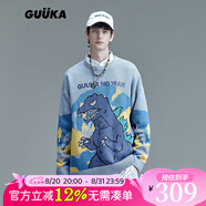 古由卡（GUUKA）潮牌雪山恐龍涂鴉提花毛衣男21秋冬青少年嘻哈撞色寬松落肩針織衫 淺藍 S