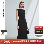 朗姿法式一字肩收腰抽褶設計感氣質(zhì)長(cháng)裙夏裝新款女禮服連衣裙 黑色 S