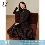 玖姿·安娜蔻秋冬曠野美拉德羊毛假兩件壓褶針織連衣裙女冬款 深咖啡 S