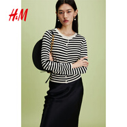 H&M女裝毛針織衫夏季慵懶風(fēng)圓領(lǐng)長袖打底衫短款外套0579541 黑色/條紋 XL 170/116