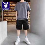 花花公子;PLAYBOY2025夏季新款套裝男時(shí)尚簡(jiǎn)約百搭圓領(lǐng)短袖短褲休閑舒適帥氣兩件套 深灰 XL