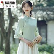 啄木鳥新中式漢元素禪意茶服旗袍兩件套改良漢服女文藝國風(fēng)仙氣上衣套裝 綠色上衣【單/件】 XL 建議110-120斤