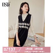 歐莎（OSA）黑色菱格紋馬甲背心連衣裙女初秋裝2025年新款顯瘦V領(lǐng)裙子 黑色 M