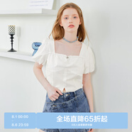 樂(lè )町白色花苞短袖上衣新款可愛(ài)甜美少女風(fēng)方領(lǐng)顯瘦全棉雪紡衫 白色（現貨） S